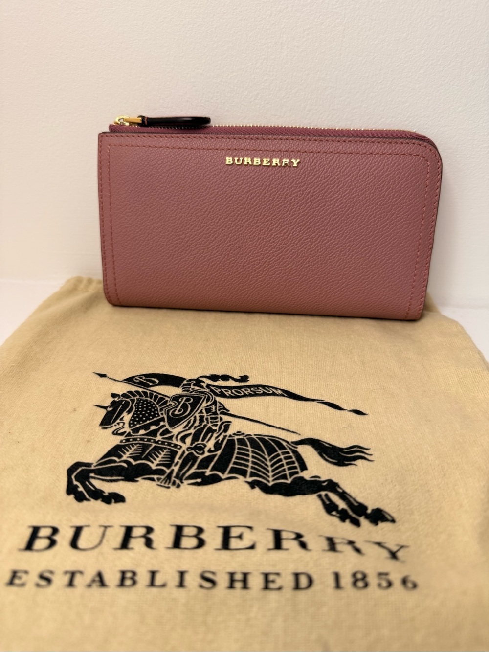 Burberry Dusty Rose Pebbled Zip Wallet with Gold Logo